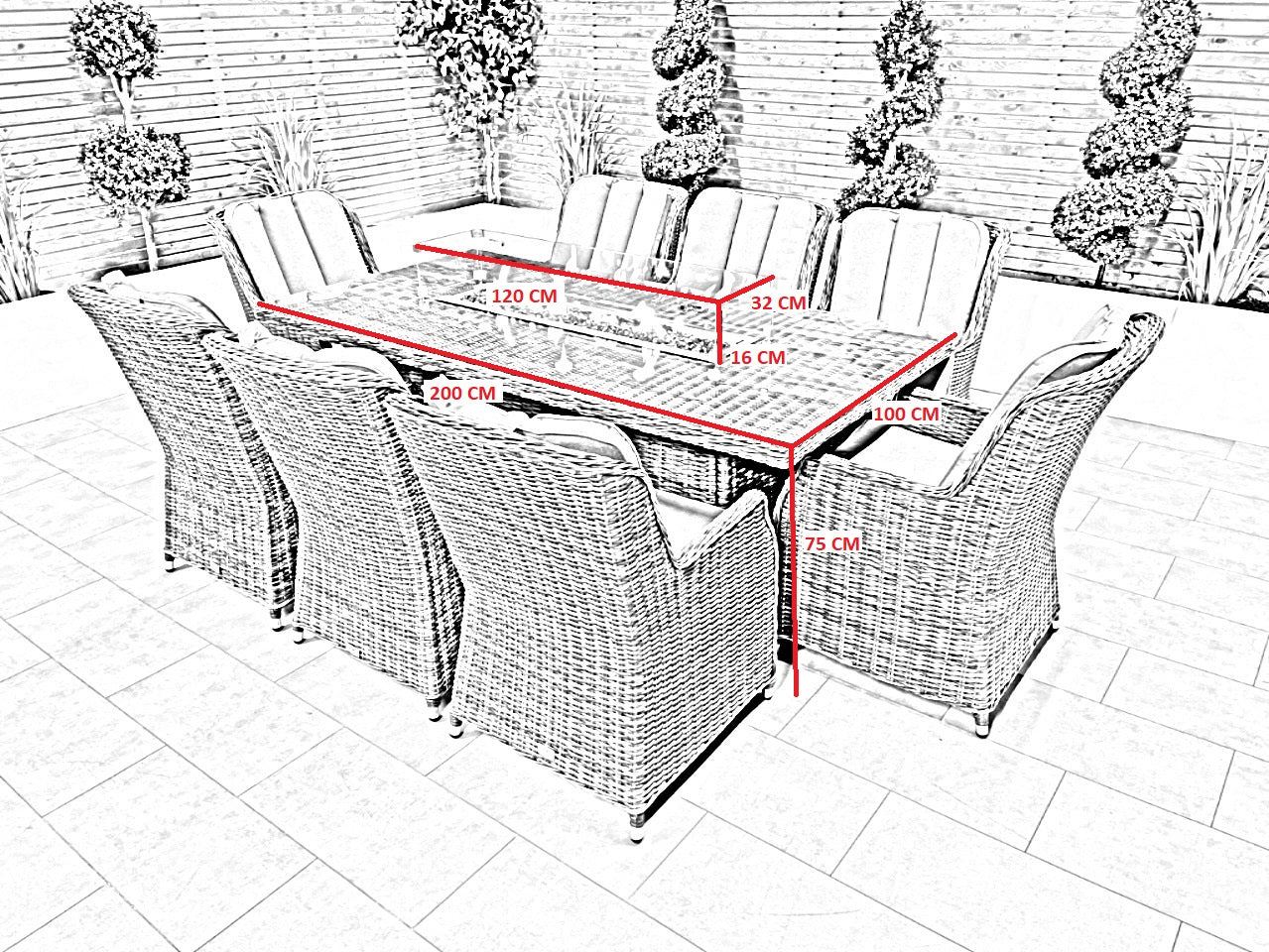 Chimes - Prestige Grey Madrid 8 Seat Rectangular Dining Set - 1 Meter x 2 Meter Table With Firepit