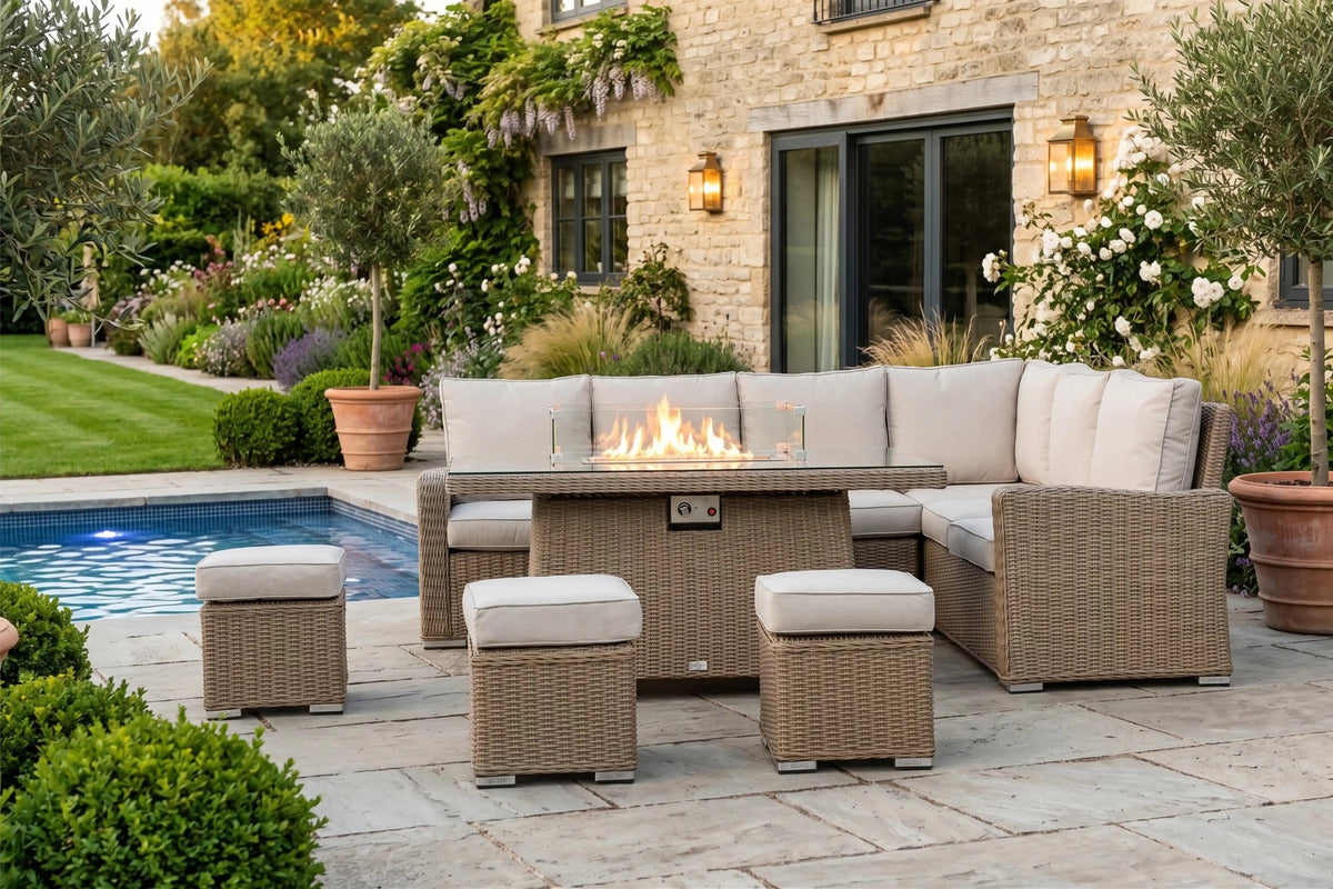 Chimes - Sandstone Florence Corner Dining Set with Firepit Table - Right Hand
