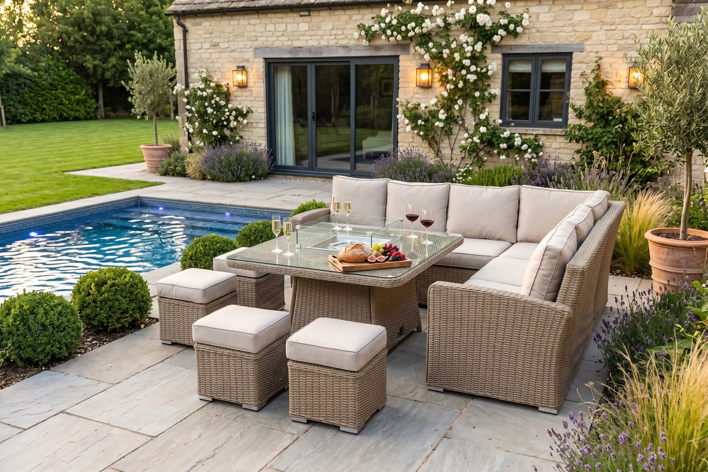 Chimes - Sandstone Florence Deluxe Corner Dining Set With Firepit Table