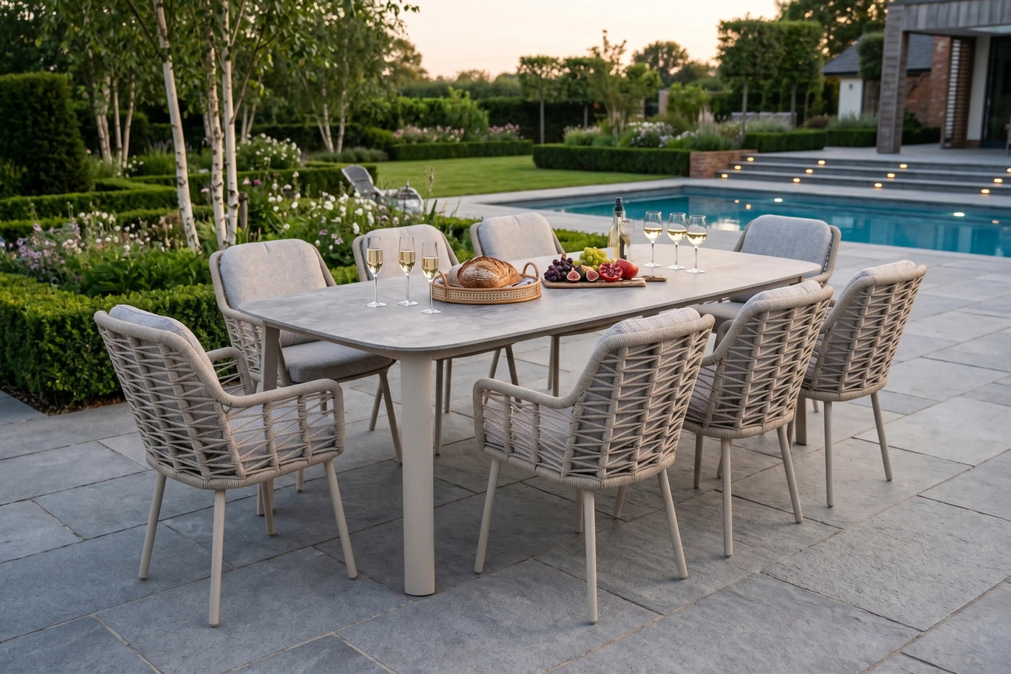 Chimes - Portofino Aluminium & Rope 8 Seat Rectangular Dining Set - Cream