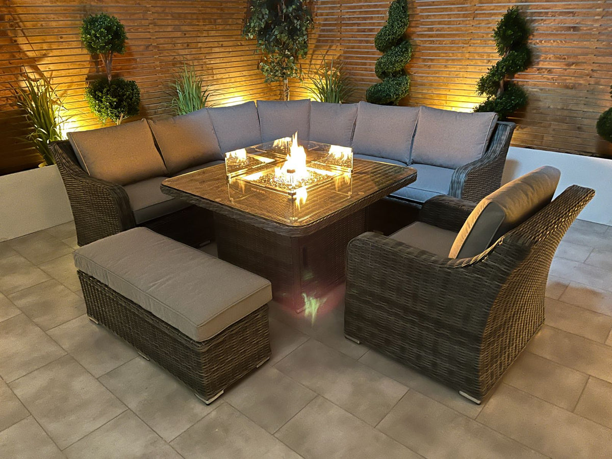 Chimes Rattan Furniture - Prestige Grey Vienna Deluxe Corner Sofa Set With Firepit table, Bench & Armchair - LOW STOCK