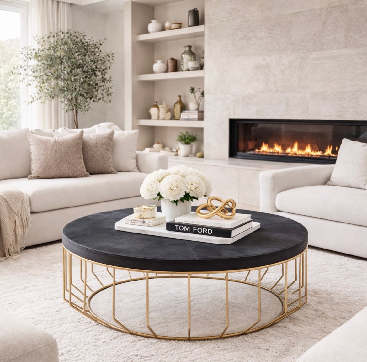 Chimes - Dario Hair on Hide Black and Gold Round Coffee Table