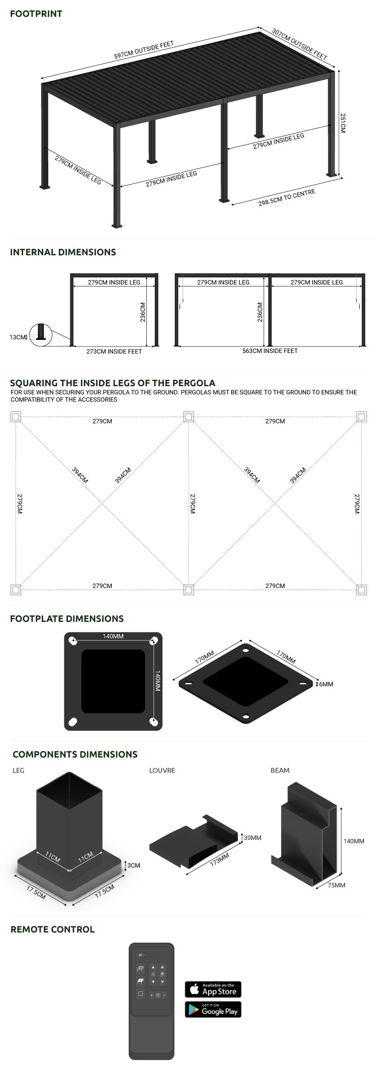 Nova - Titan 6m x 3m Motorised LED Pergola in Grey