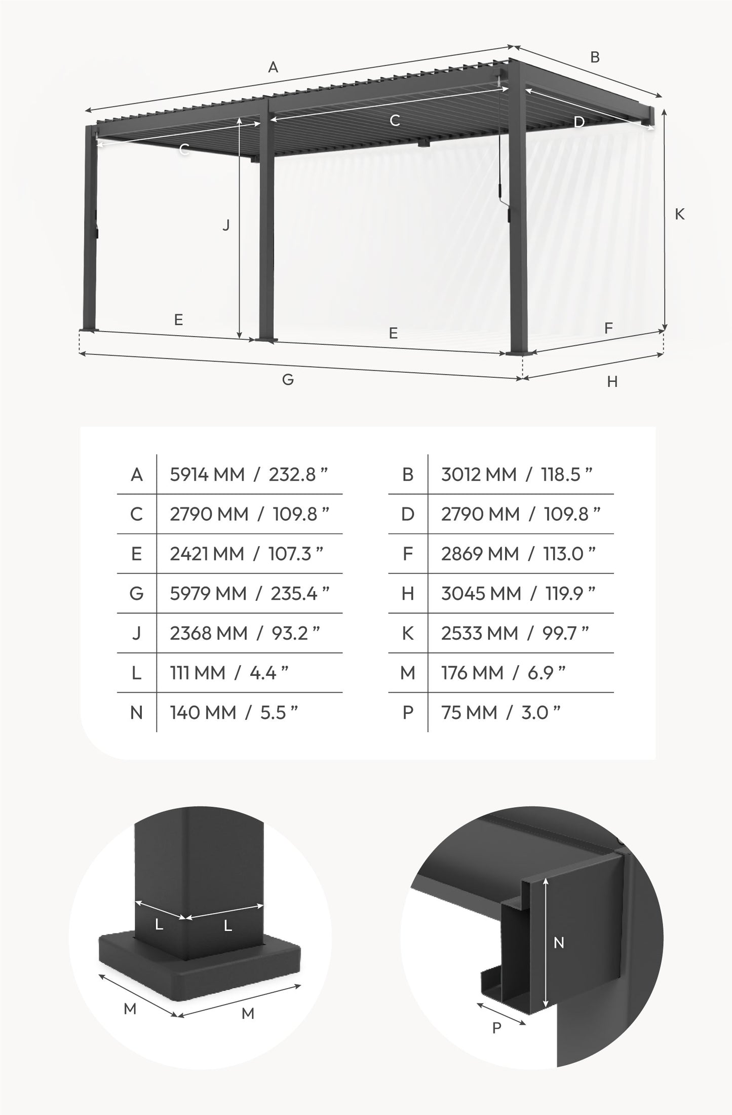Nova - Titan 6m x 3m Wall Mounted Pergola - Grey