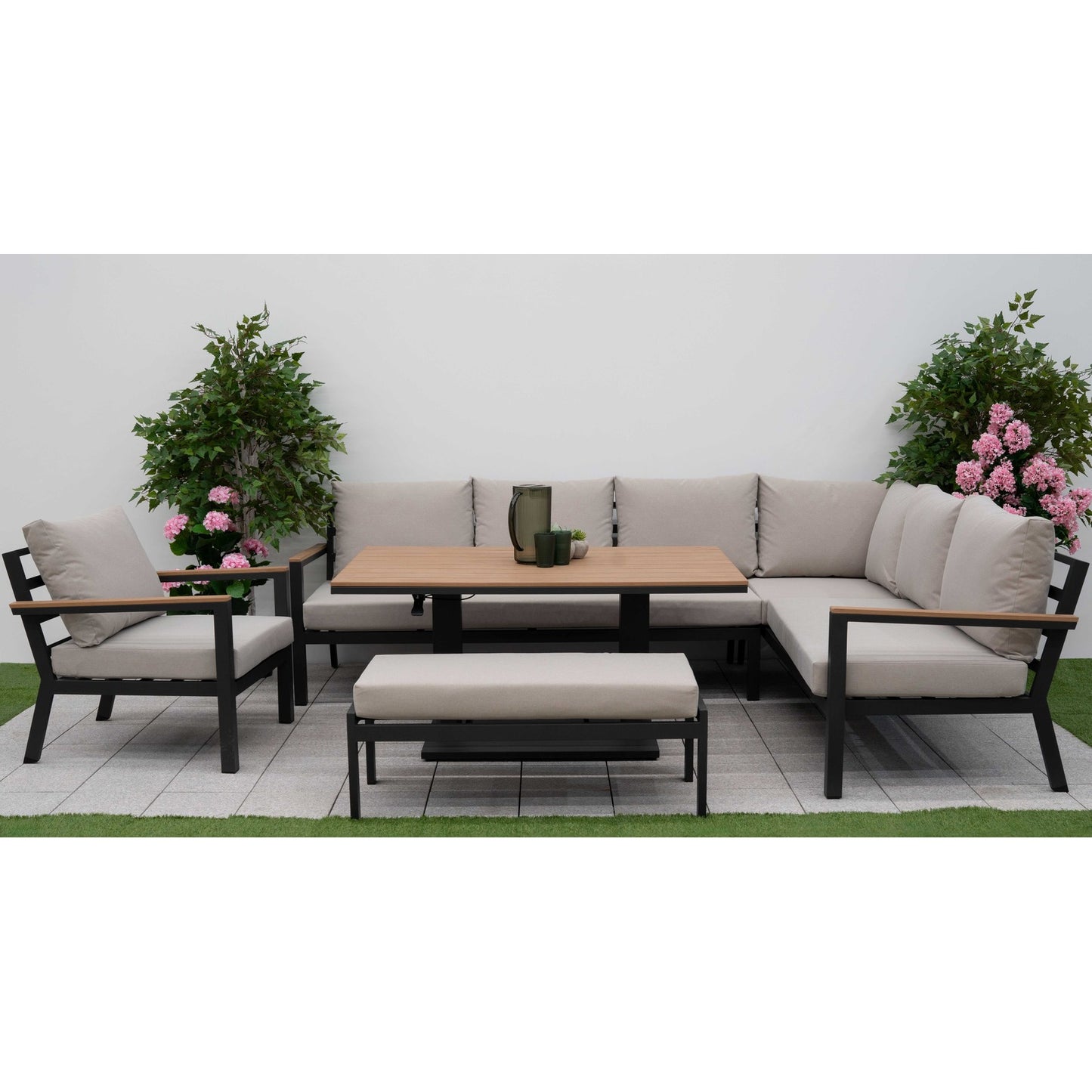 Nova - Heidi Right Hand Corner Sofa Dining Set with Rectangular Rising Table, Armchair and Bench