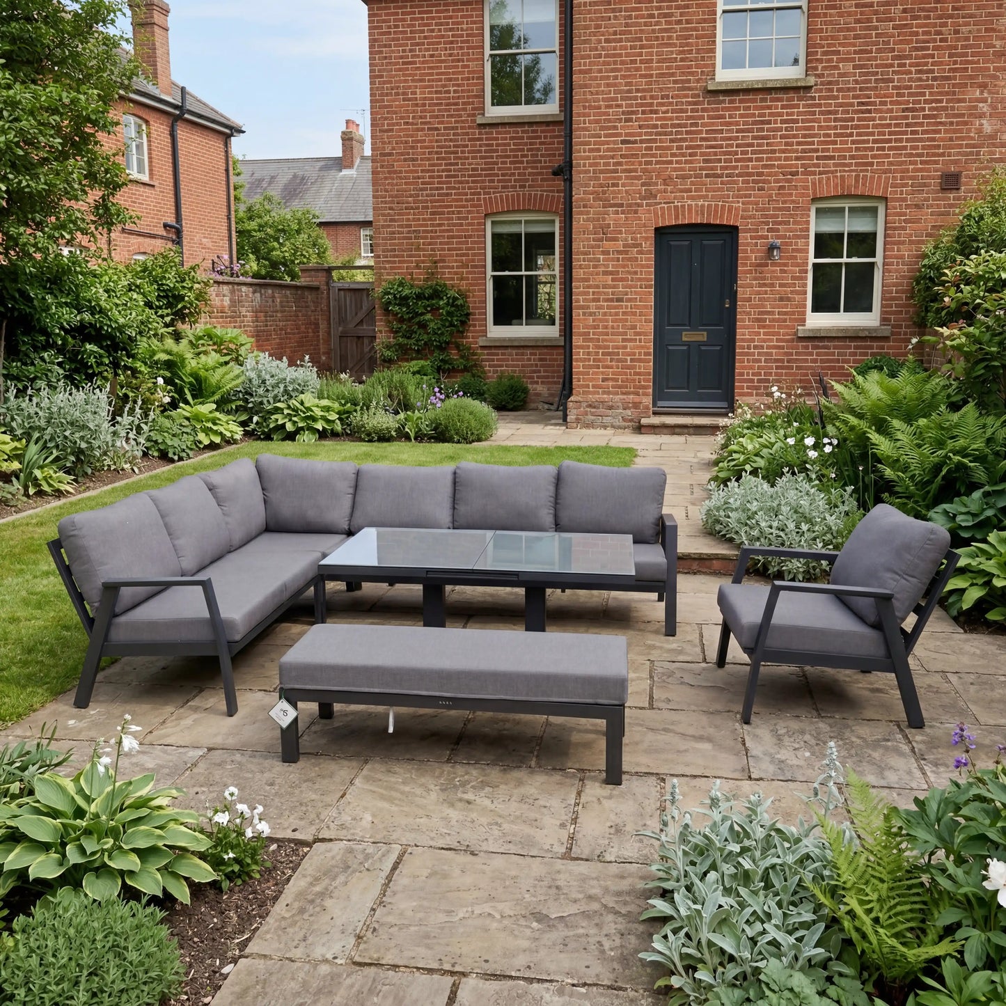 Nova - Phoenix Corner Sofa Set with Rectangular Rising Table, Armchair & Bench - Grey
