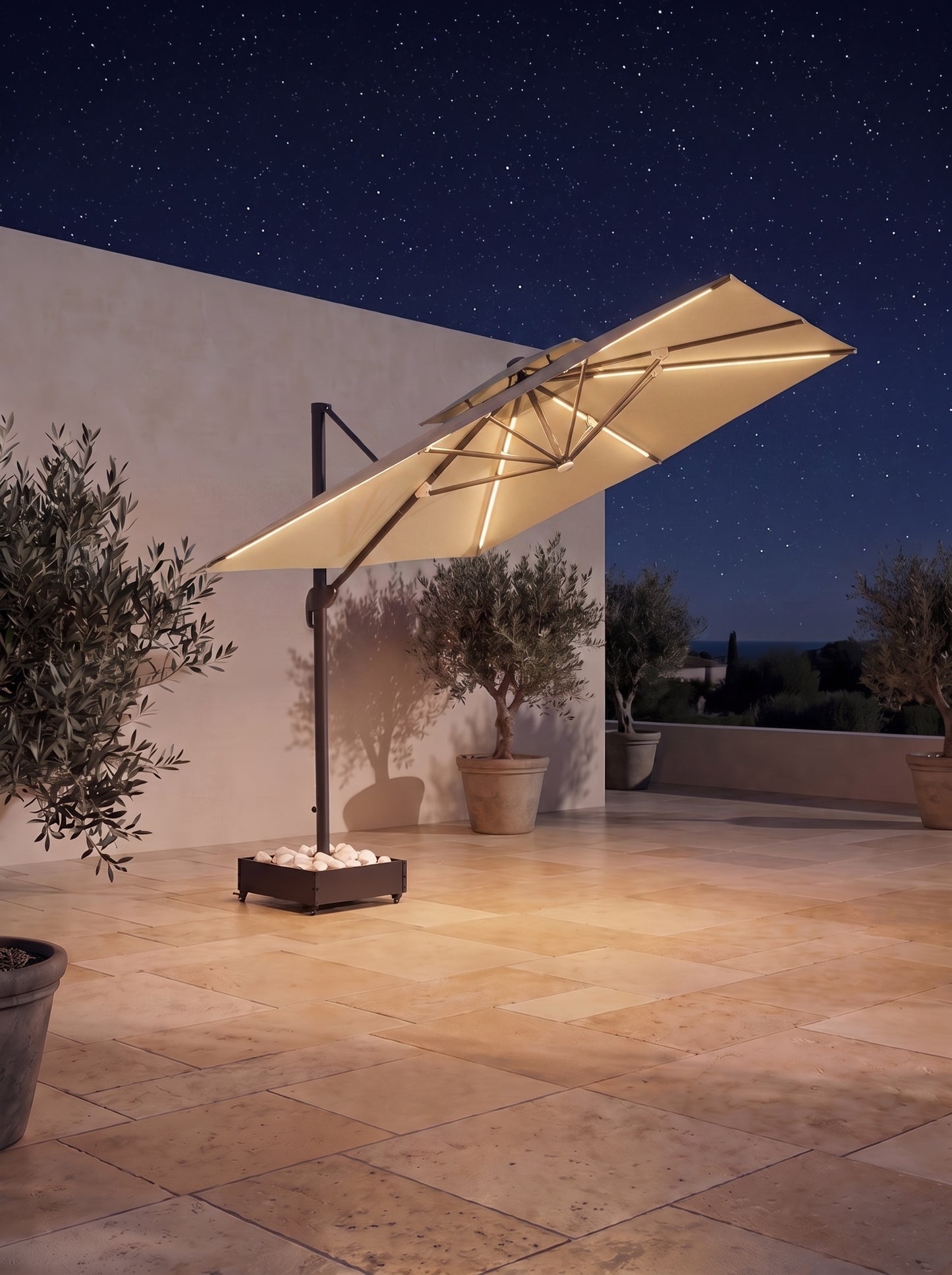 Chimes - Lusso 4m x 3m Rectangular Crank & Tilt LED Cantilever Parasol - Beige