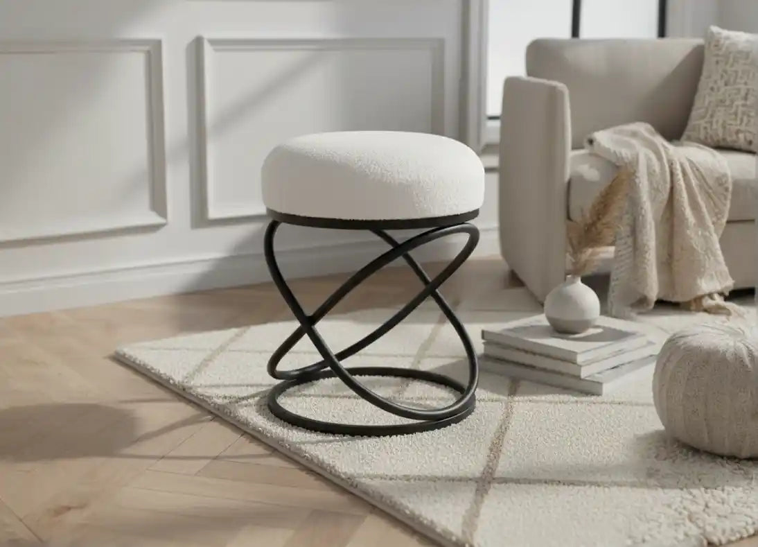 White Boucle Rizzo Stool with Black Legs