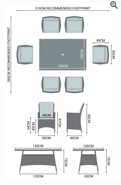 Nova - Mixed Grey Sienna 6 Seat Dining Set with Fire Pit - 1.5m x 1m Rectangular Table