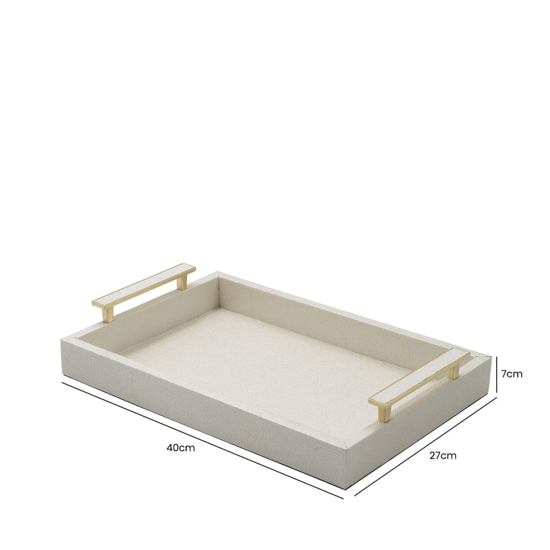 40 x 27 White Faux Litchi with Gold Handle Tray