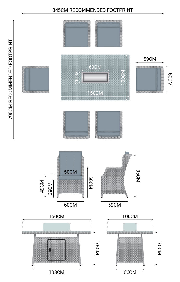 Nova - Heritage White Wash Thalia 6 Seat Dining Set with Fire Pit - 1.5m x 1m Rectangular Table
