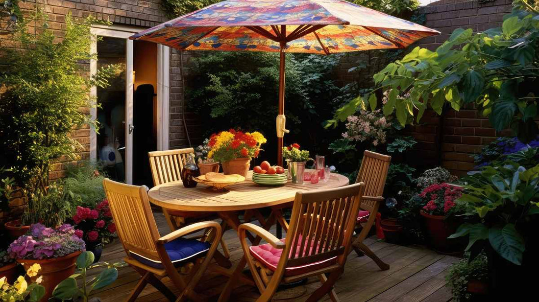 Wooden outdoor dining setup.