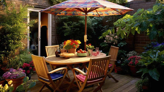 Wooden outdoor dining setup.