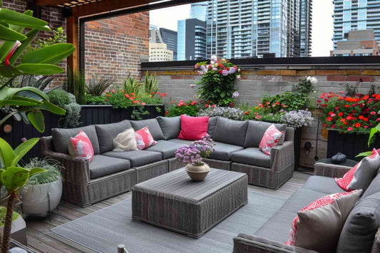 Rooftop garden oasis with Rattan Framed Corner Sofas