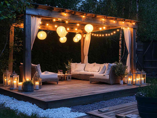 Outdoor pergola on a deck with rattan furniture, white cushions, and hanging yellow circular lights.