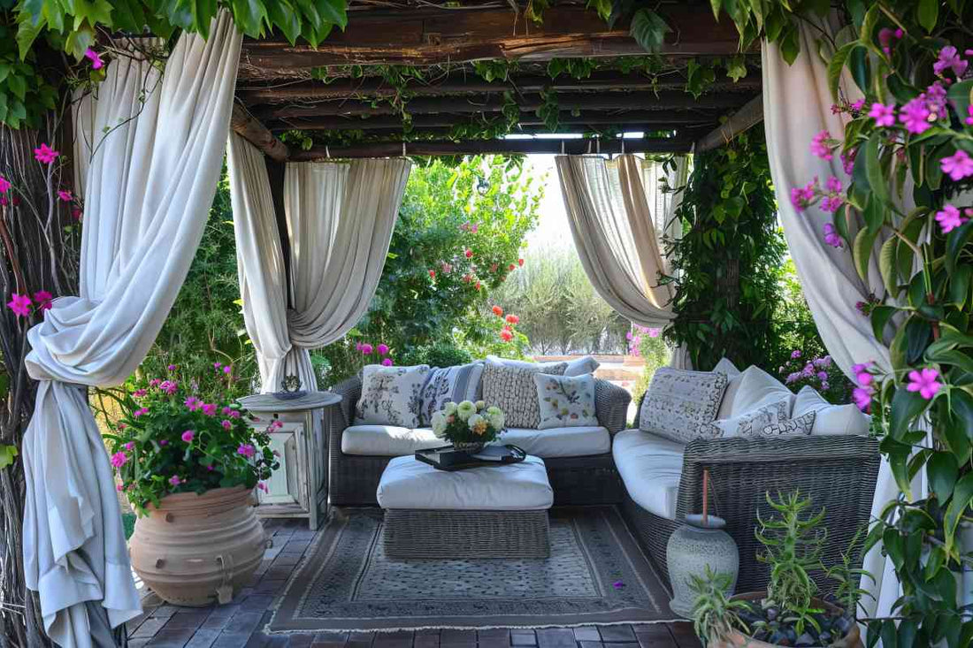 Outdoor pergola with white curtains at each corner and a seating area featuring an ash-colored sofa base with white cushions.