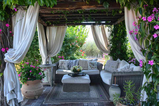 Outdoor pergola with white curtains at each corner and a seating area featuring an ash-colored sofa base with white cushions.