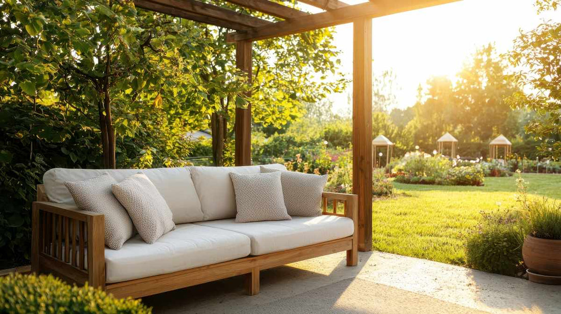 White-cushioned wooden sofa in a garden.