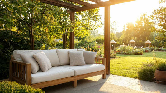 White-cushioned wooden sofa in a garden.