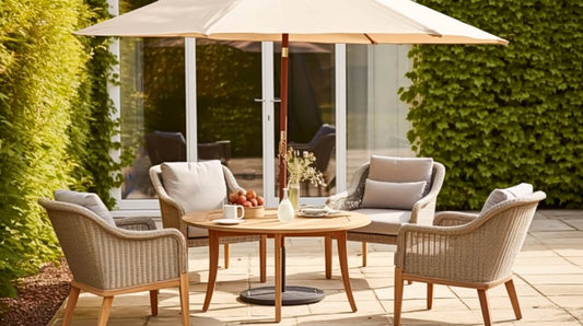 Modern garden lounge, outdoor furniture and countryside house patio decor with sofa, sun lounger, sunbed and umbrella, country cottage style
