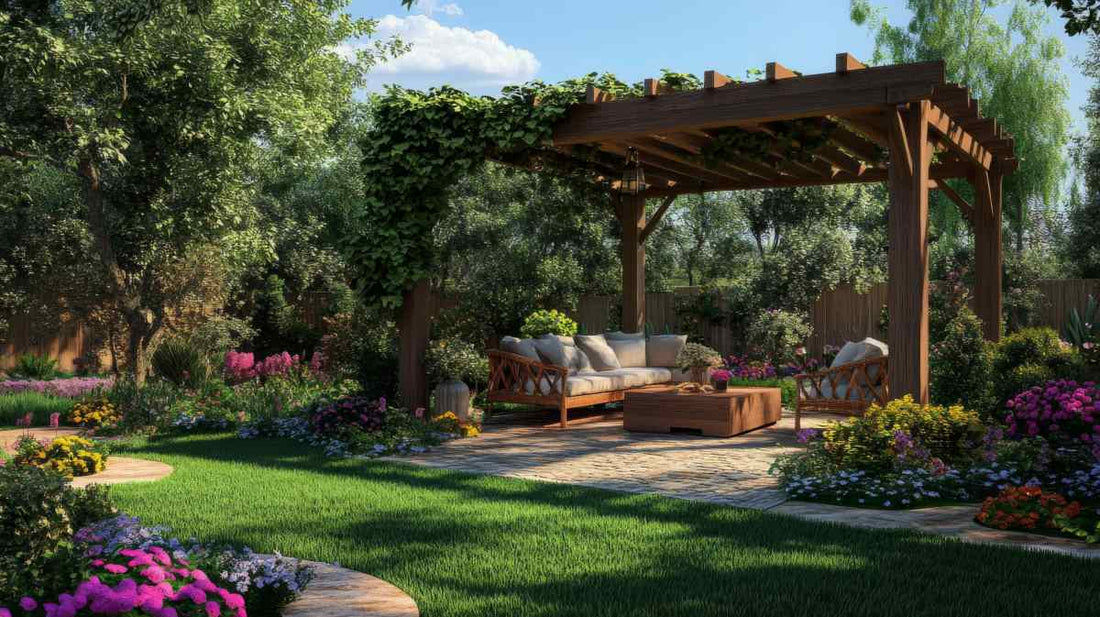 Traditional wooden pergola partially covered with leaves and flowers, with wooden furniture in the center.