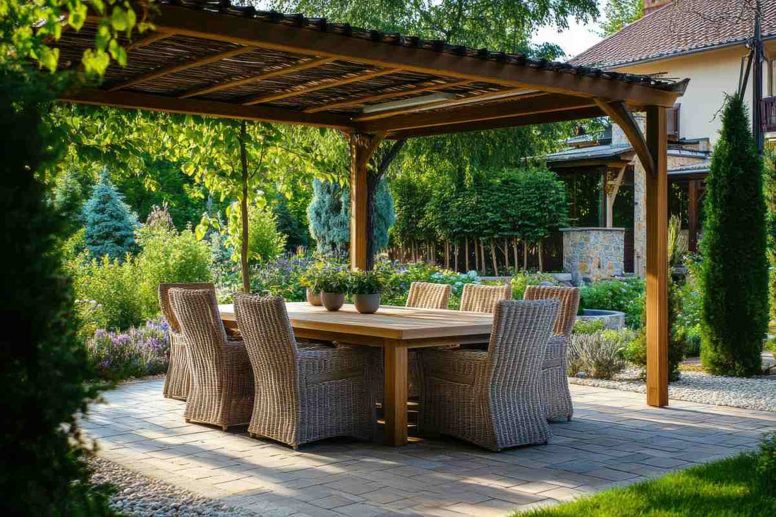 Elegant outdoor dining area under a wooden pergola surrounded by lush greenery in a serene garden