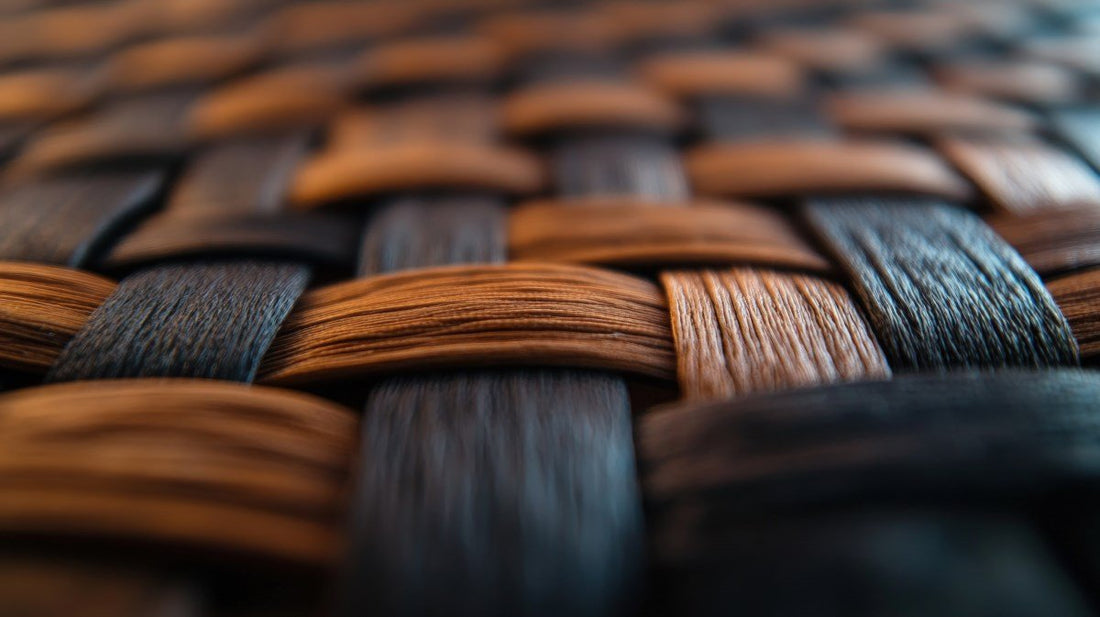 Close-up shot of black and wood-colored rattan furniture.