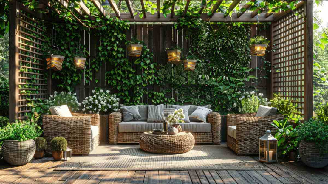 Outdoor furniture with a light-permeable privacy fence.
