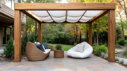 A patio with a pergola and chairs