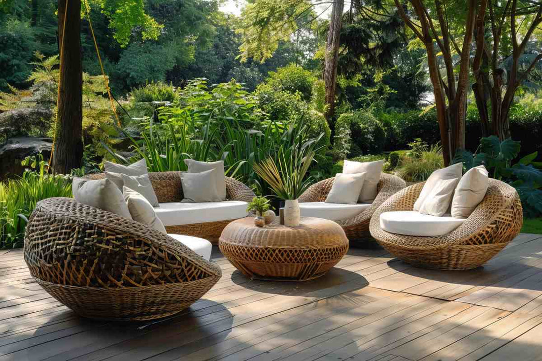 Premium rattan furniture with white cushions and a table featuring potted plants, set outside a house with trees in the background.