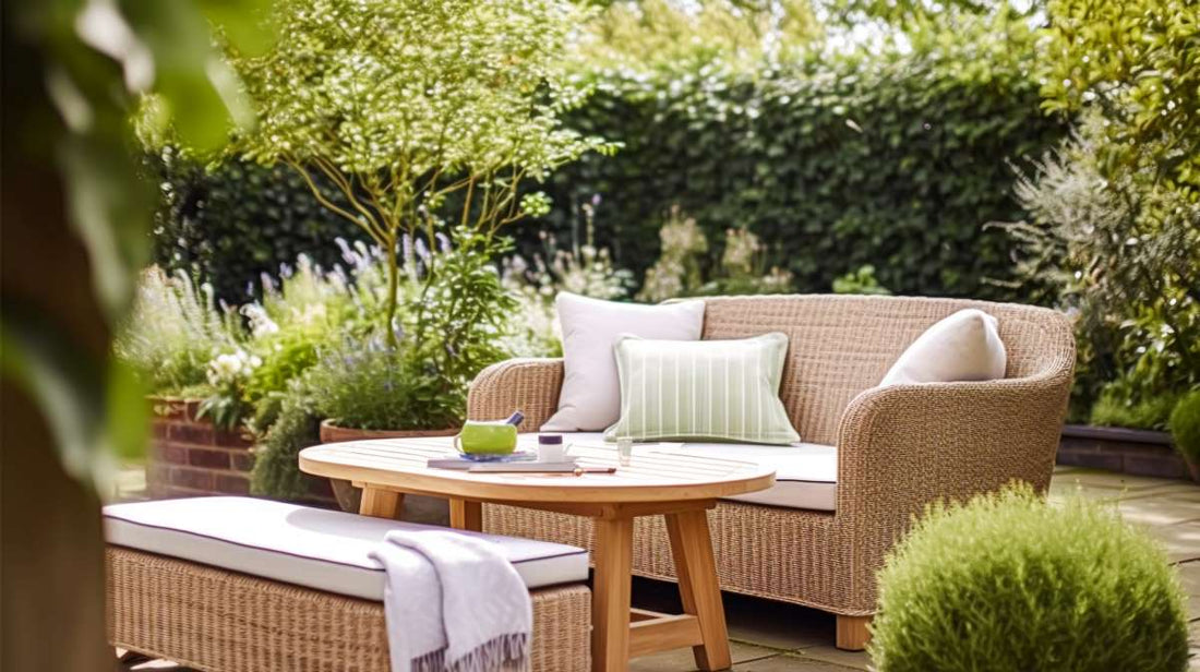 Garden lounge, outdoor furniture and countryside house patio decor in a country cottage style