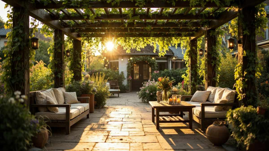 A patio with wooden furniture and a pergola