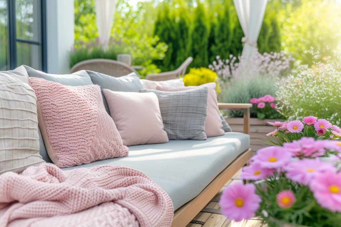 Outdoor patio with seating and pastel cushions.
