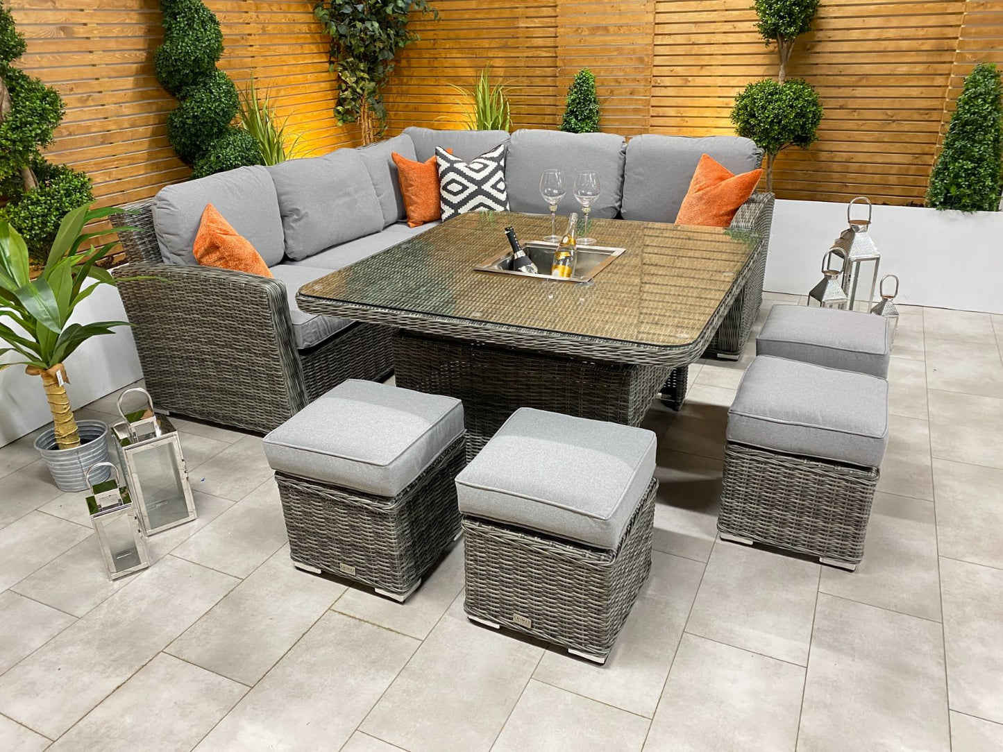 Chimes - Prestige Grey Florence Deluxe Corner Dining Set With Rising Ice Bucket Table (S)