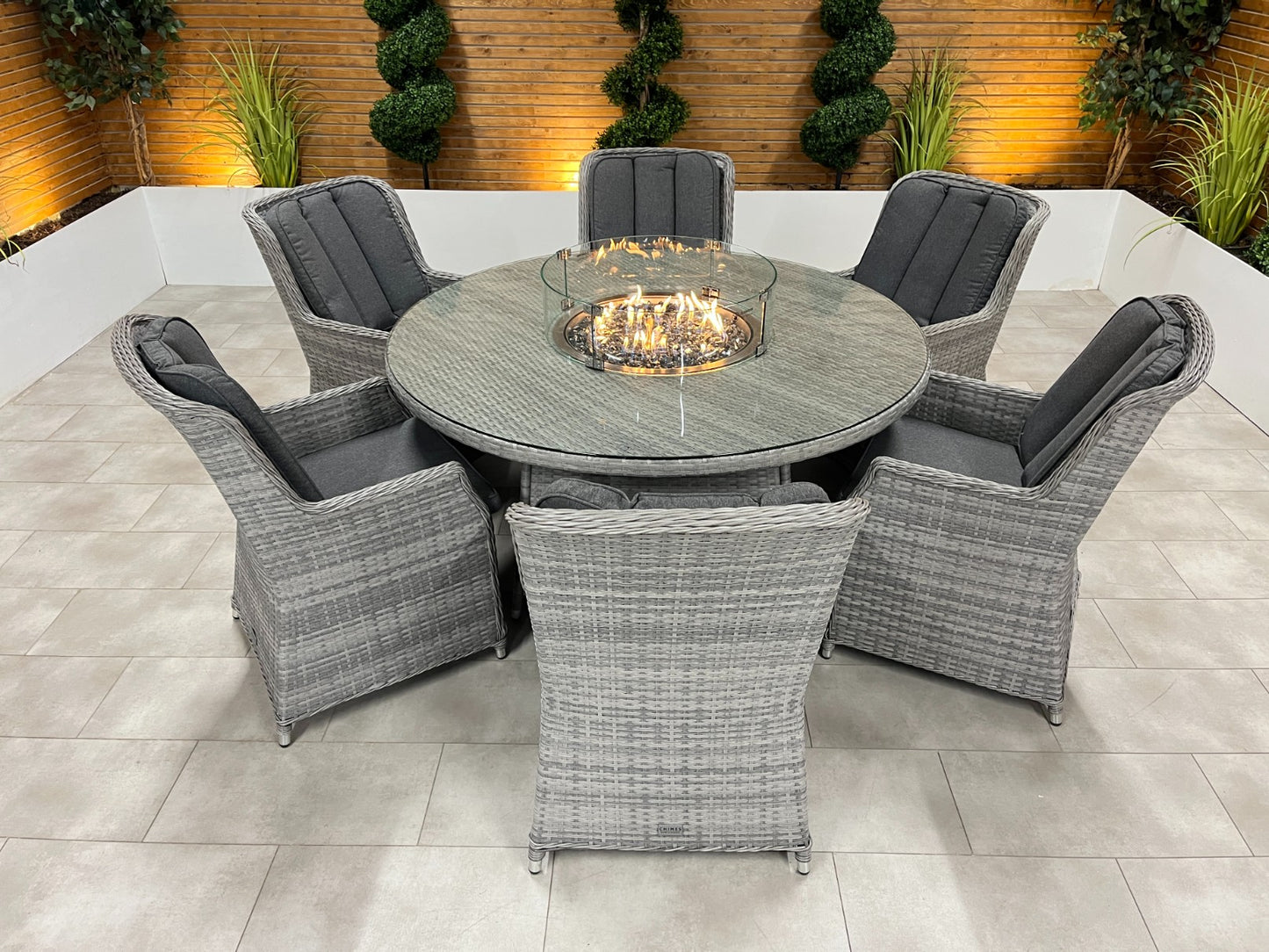 Chimes - Stone Grey Bella 6 Seat Round Dining Set - 1.5 Meter Round Table with Firepit