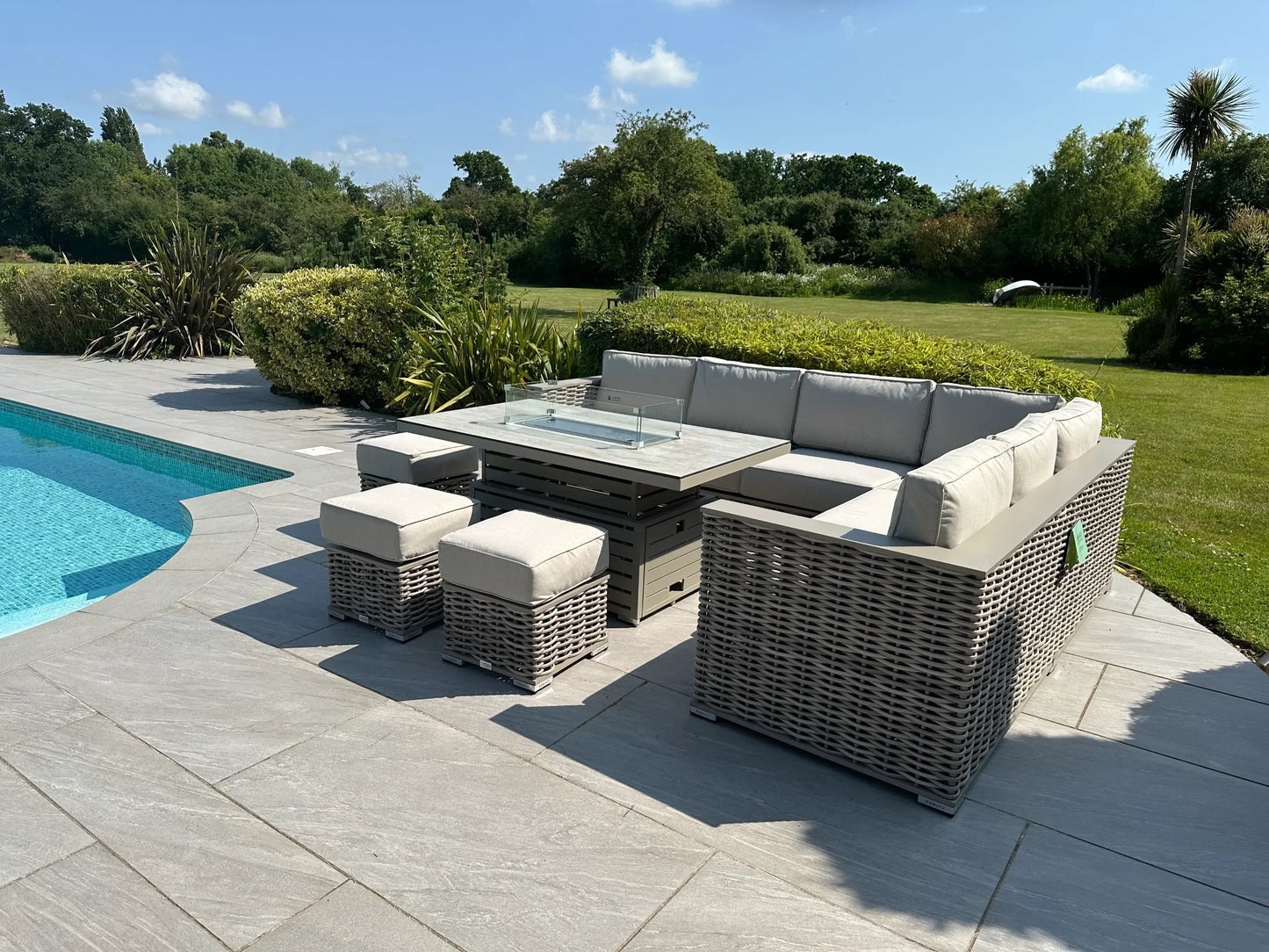 Chimes - Monaco Aluminium & Rope Right Hand Corner Dining Set with Rising Firepit Table - Cream