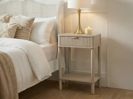 Harley One Drawer Reed Detail Taupe Wood Side Table