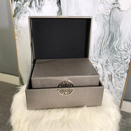 Chimes - Set of 2 Pewter Faux Leather Jewellery Boxes with silver clasp