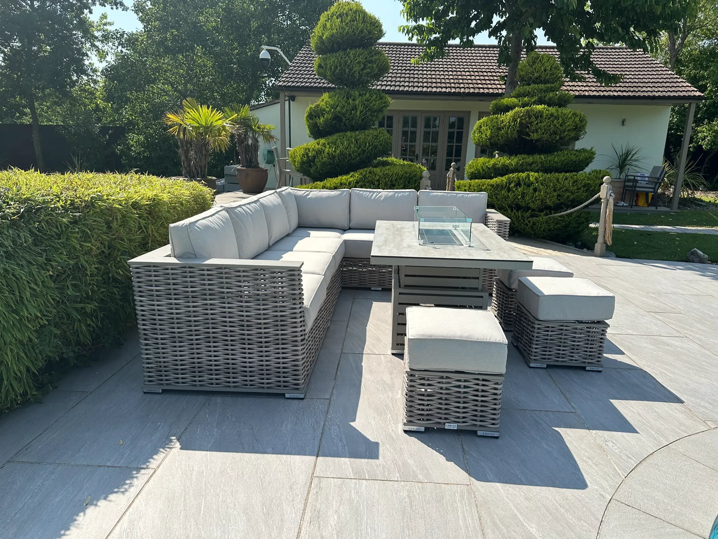 Chimes - Monaco Aluminium & Rope Right Hand Corner Dining Set with Rising Firepit Table - Cream