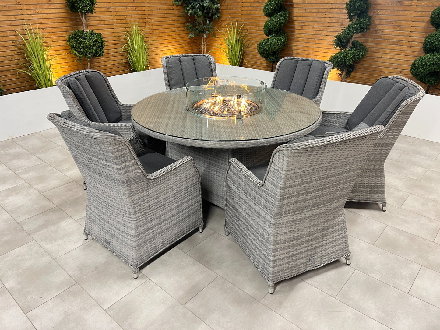 Chimes - Stone Grey Bella 6 Seat Round Dining Set - 1.5 Meter Round Table with Firepit