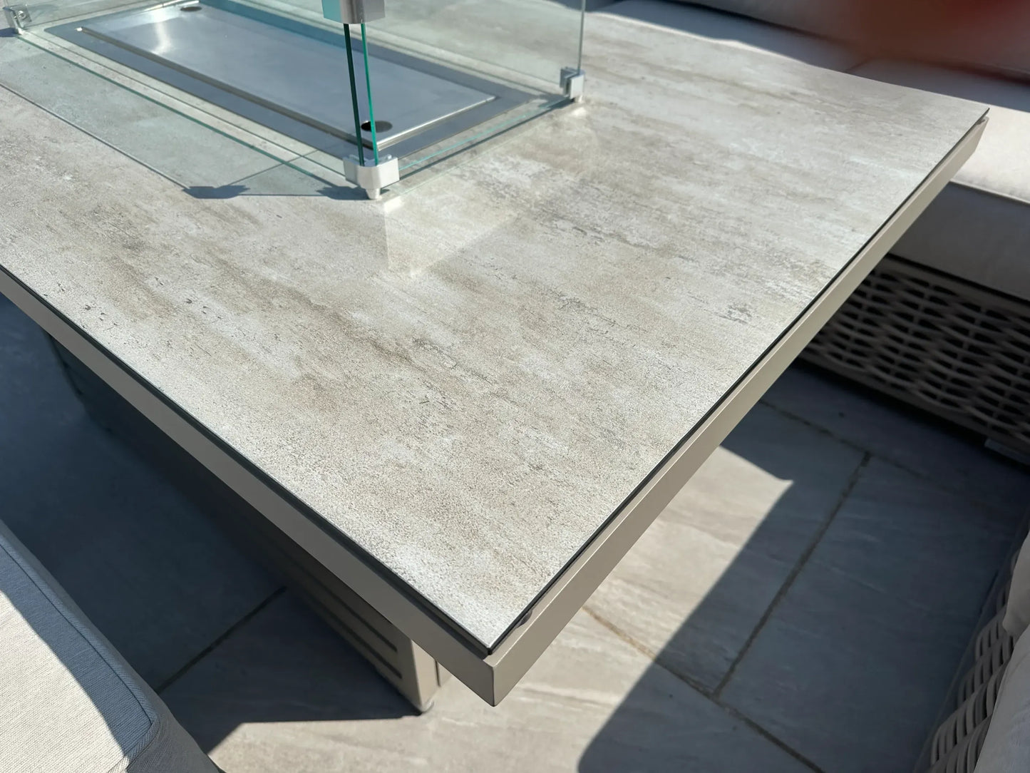 Chimes - Monaco Aluminium & Rope Right Hand Corner Dining Set with Rising Firepit Table - Cream