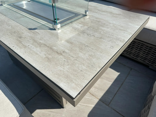 Chimes - Monaco Aluminium & Rope Right Hand Corner Dining Set with Rising Firepit Table - Cream