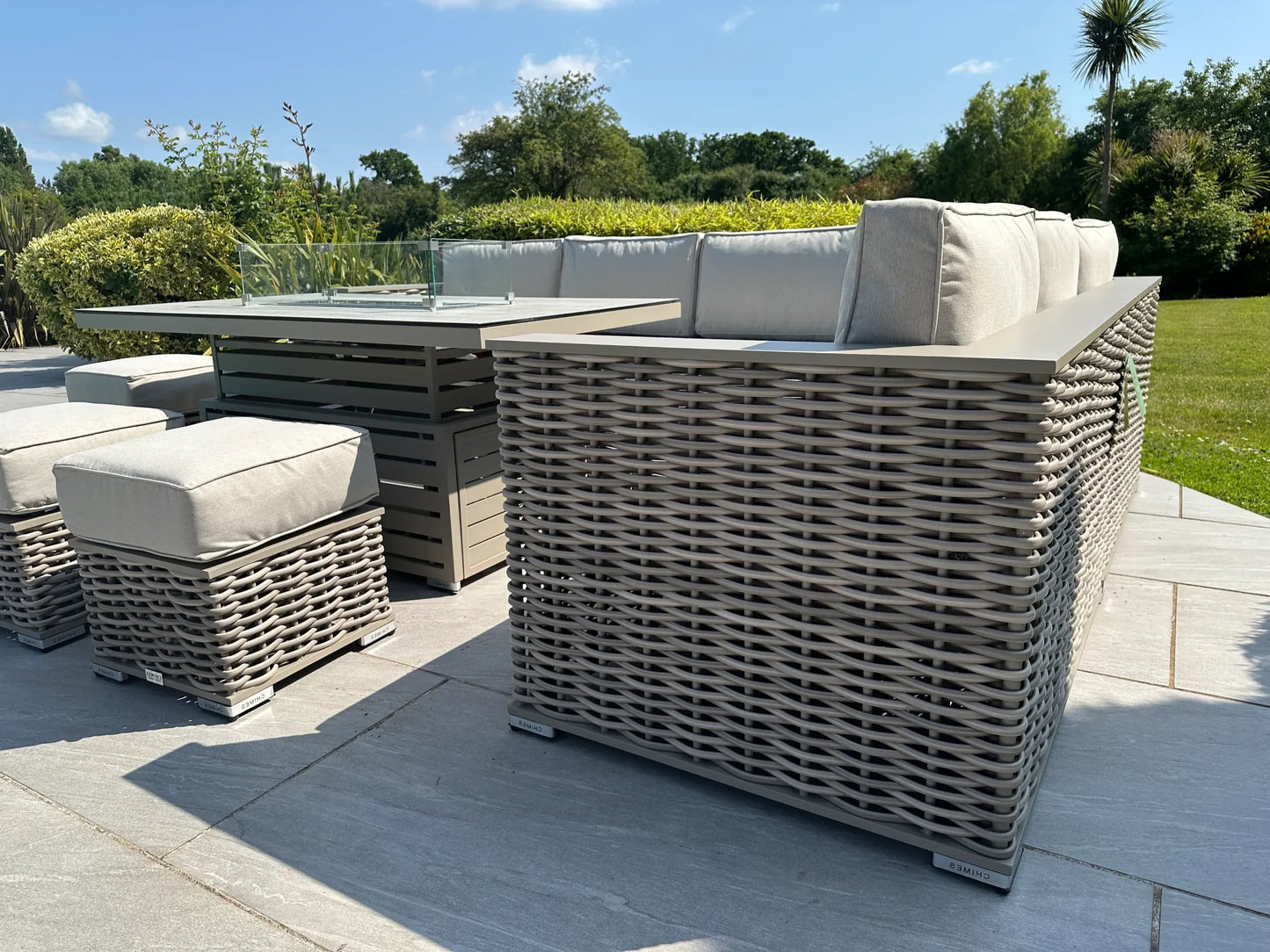 Chimes - Monaco Aluminium & Rope Right Hand Corner Dining Set with Rising Firepit Table - Cream