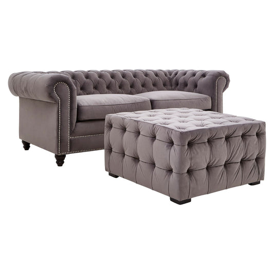 Chimes - Somerset Grey Velvet Button Footstool