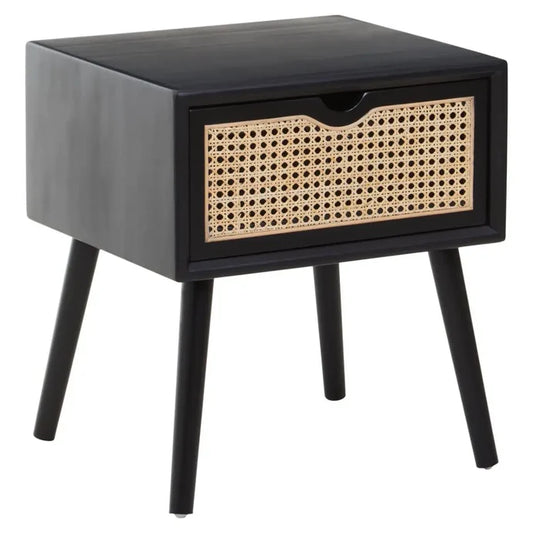 Caruso Black Side Table with Rattan Drawer