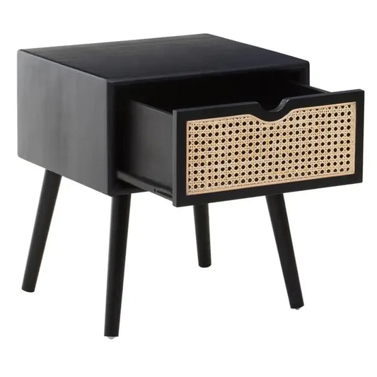 Caruso Black Side Table with Rattan Drawer