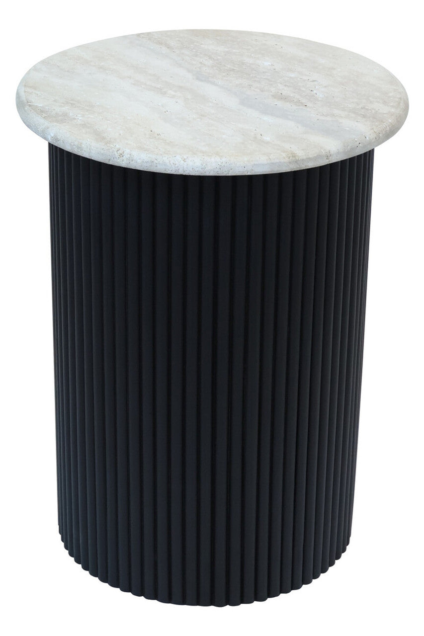 Tyler Travertine Top Side Table with Black Acacia Wood Base