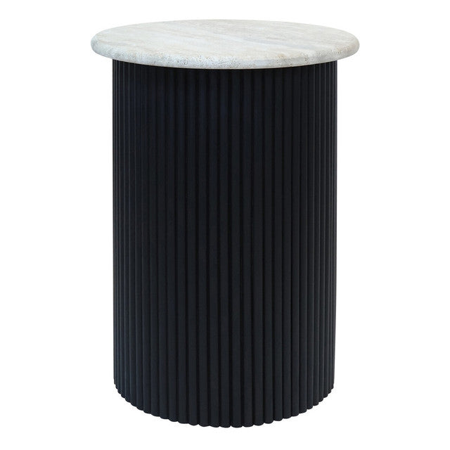 Tyler Travertine Top Side Table with Black Acacia Wood Base