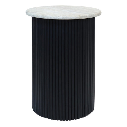 Tyler Travertine Top Side Table with Black Acacia Wood Base
