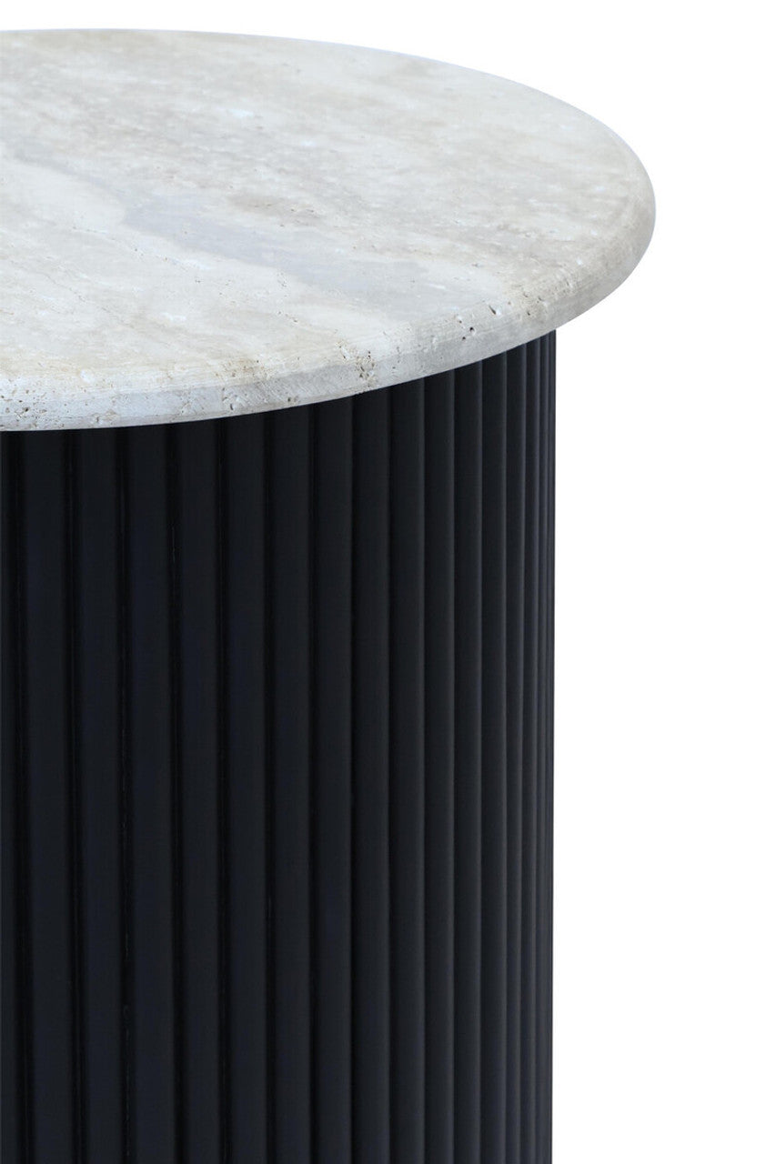 Tyler Travertine Top Side Table with Black Acacia Wood Base